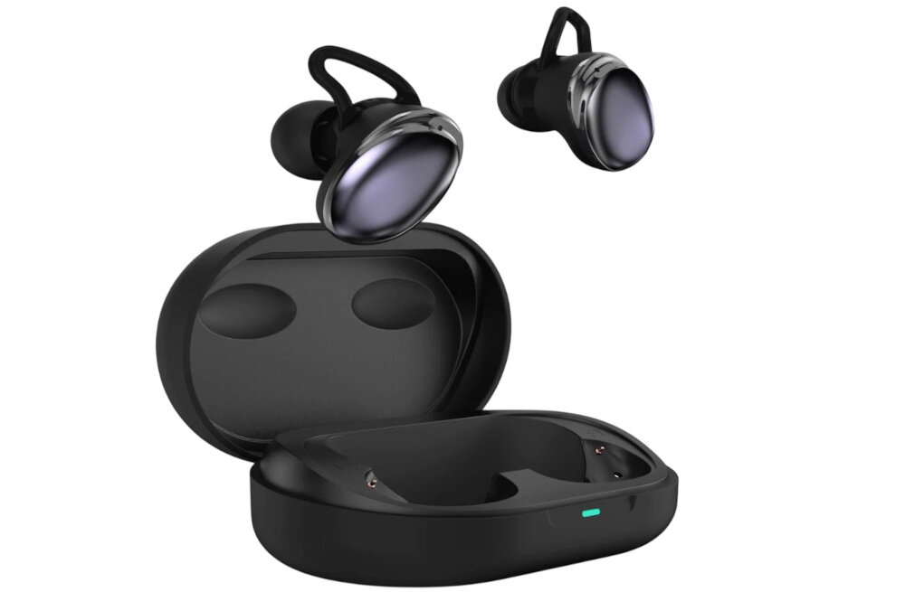 HiFuture FUSION Earbuds dokanałowe ładowanie indukcyjne, etui z słuchawkami dokanałowymi po skosie na białym tle