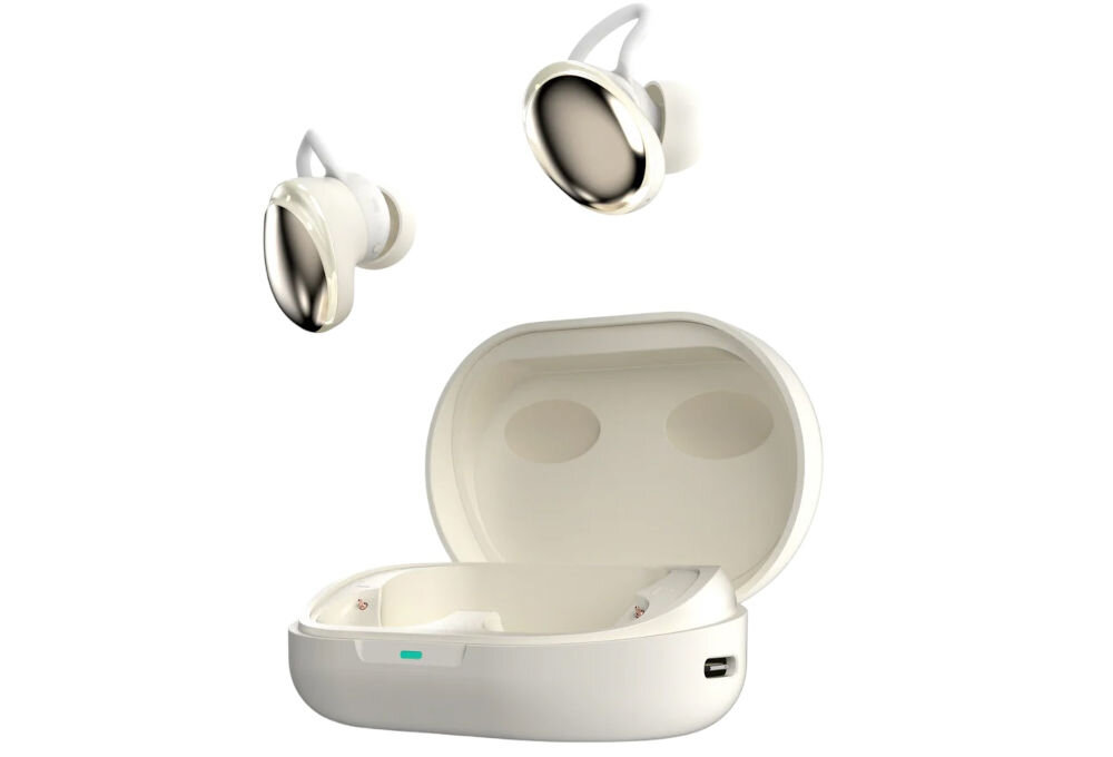 HiFuture FUSION Earbuds dokanałowe ładowanie indukcyjne, etui z słuchawkami dokanałowymi po skosie na białym tle