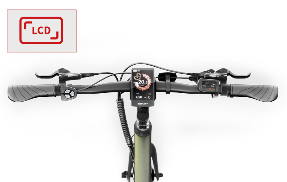 Rower elektryczny SHARP BK-GS03-EG M21 Oliwkowo-zielony zbliżenie na kierownicę włączony wyświetlacz w lewym górnym rogu ikona z napisem LCD kolorowy wyświetlacz LCD czytelność wszystkich wyświetlanych informacji