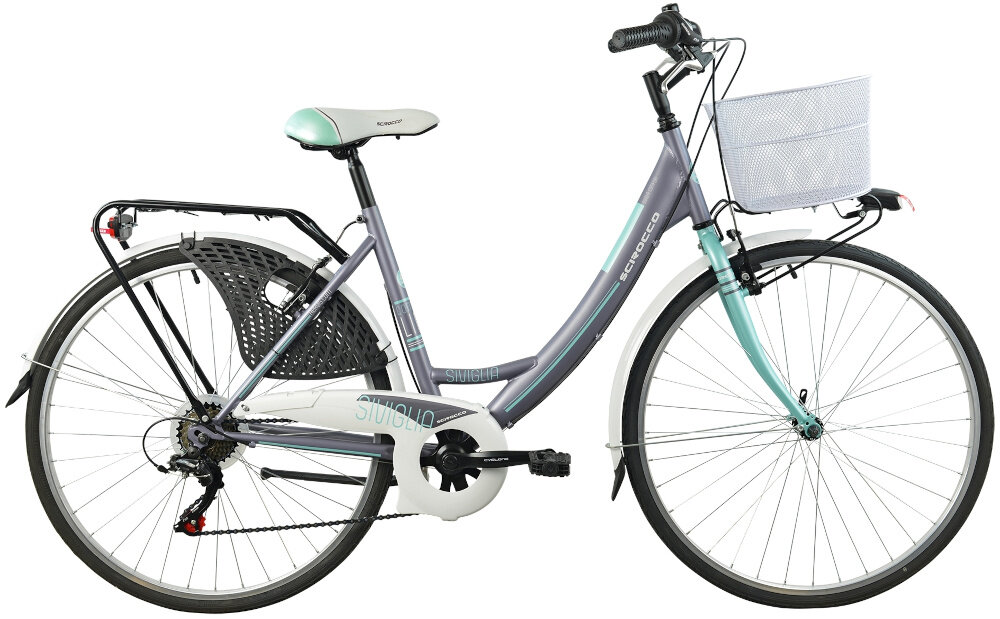 Rower miejski z koszykiem ESPERIA Scirocco Siviglia 6B 26 cali damski Szaro-zielony dla kobiet do jazdy po sciezkach rowerowych i ulicach wygodne podrozowanie praktyczny ekologiczny srodek transportu