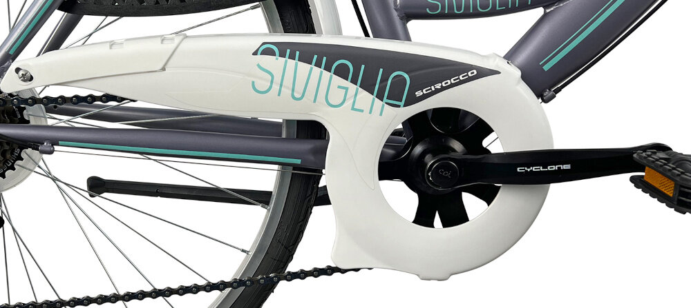 Rower miejski z koszykiem ESPERIA Scirocco Siviglia 6B 26 cali damski Szaro-zielony oslona lancucha pokrya lancuch ochrona przed zabrudzeniami woda kurzem odporna na uszkodzenia mechaniczne nie deformuje sie korba CYCLONE typu CTL3 42T/170 wolnobieg SPARK typu Index 14-28 6 Speed solidny wytrzyma bardzo duzy nacisk na pedaly