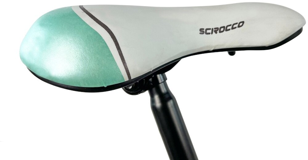 Rower miejski z koszykiem ESPERIA Scirocco Siviglia 6B 26 cali damski Szaro-zielony siodelko wygodne komfortowe ergonomiczne minimalizuje nacisk na punkty kontaktu z cialem odpowiednie podparcie dla kosci siedzacych szerokie grubo wyscielane