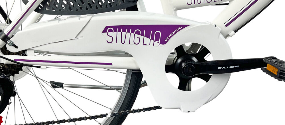 Rower miejski ESPERIA Scirocco Siviglia 6B 26 cali damski Biało-fioletowy oslona lancucha pokrya lancuch ochrona przed zabrudzeniami woda kurzem odporna na uszkodzenia mechaniczne nie deformuje sie korba CYCLONE typu CTL3 42T/170 wolnobieg SPARK typu Index 14-28 6 Speed solidny wytrzyma bardzo duzy nacisk na pedaly