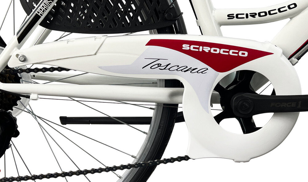 Rower miejski ESPERIA Scirocco Toscana 6S 26 cali damski Biało-czerwony oslona lancucha pokrya lancuch ochrona przed zabrudzeniami woda kurzem odporna na uszkodzenia mechaniczne nie deformuje sie korba AMAR typu Force1 42T/170 Black wolnobieg SPARK typu Index 14-28 6 Speed solidny wytrzyma bardzo duzy nacisk na pedaly