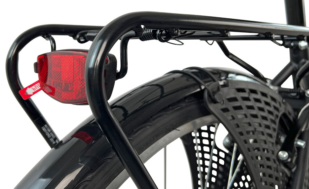 Rower miejski ESPERIA Scirocco Siviglia 6B 26 cali damski Czarno-czerwony oswietlenie roweru przednie tylne oswietlenie doskonala widocznosc bezpieczenstwo na drodze zasilane bateriamii wymagane przez prawo drogowe