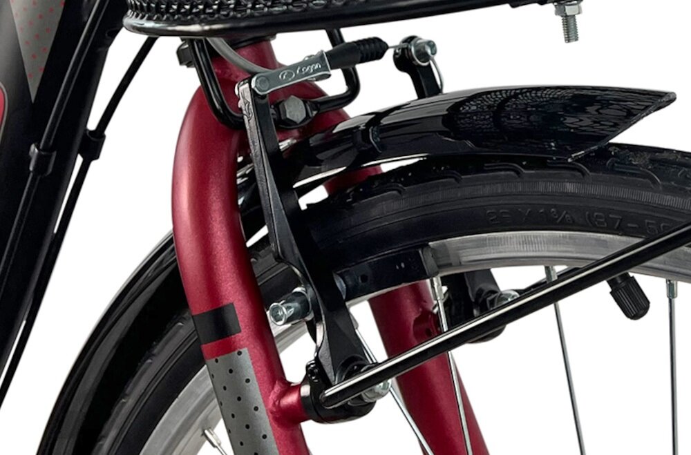 Rower miejski ESPERIA Scirocco Siviglia 6B 26 cali damski Czarno-czerwony podstawa bezpieczenstwa kazdego rowerzysty przednie i tylne hamulce V-Brake lekkie duza sila hamowania odblaski lepiej widoczny na drodze bezpieczniejszy