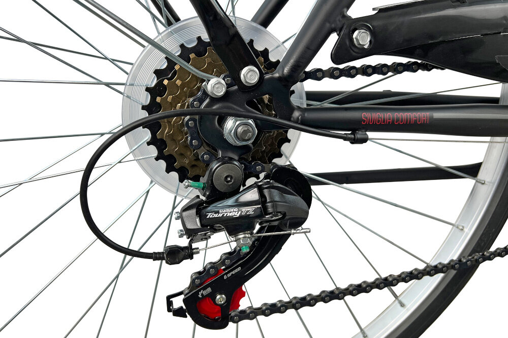 Rower miejski ESPERIA Scirocco Siviglia 6B 26 cali damski Czarno-czerwony 6 przelozen przerzutki SHIMANO Tourney duza wytrzymalosc sprawne dzialanie plynna bezproblemowa zmiana bigow