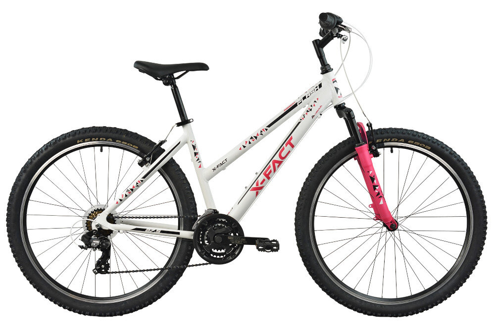 Rower górski MTB ESPERIA 7507D Flash D17 27.5 cala damski Biało-różowy popularny goral dla sportowcow uniwersalny dla amatorow zwrotny latwo wchodzi w zakrety do jazdy w miescie za miastem w lesie na latwym i trudnym gorskim szlaku w niezbyt grzaskim blocie nie za glebokim piachu