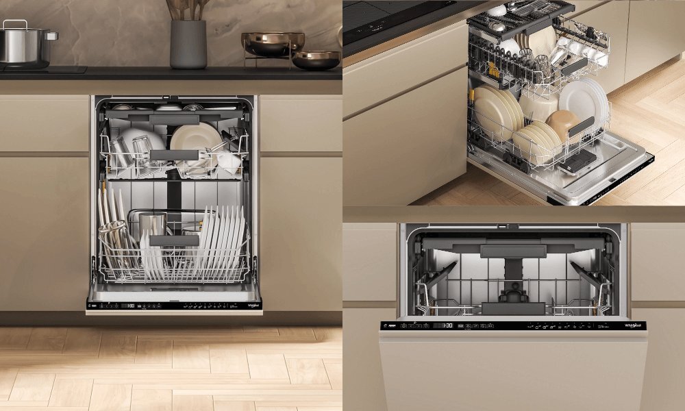 ZMYWARKA WHIRLPOOL WH7IPA15BM6L0 wizualizacja zmywarka zbliżenie otwarta wnętrze budowa kosze wygląd estetyka elegancki design solidne wykonanie konstrukcja budowa Wykończenie stal nierdzewna