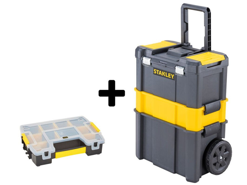 Wózek narzędziowy z organizerem STANLEY STST1-81320 zestaw na białym tle mobilny warsztat do przechowywania i transportu składa się z trzech skrzynek STANLEY STST1-80151 dodatkowego organizera STANLEY STST1-707 szybki dostęp do potrzebnych sprzętów