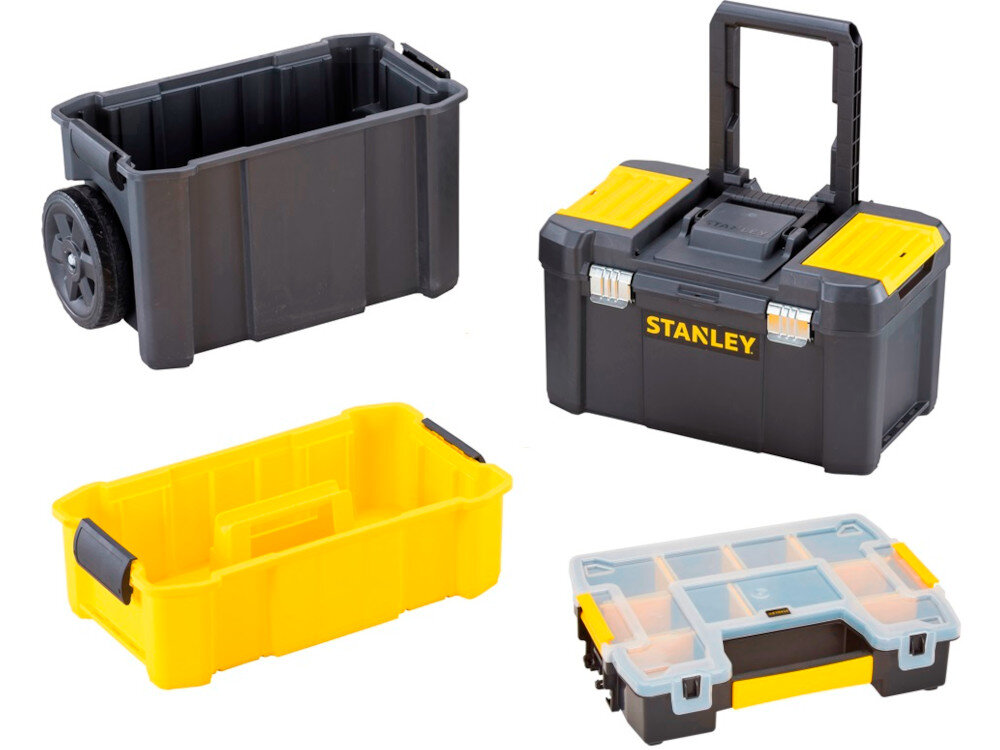 Wózek narzędziowy z organizerem STANLEY STST1-81320 zestaw na białym tle w zestawie trzy skrzynki organizer 10 przegródek dokumentacja