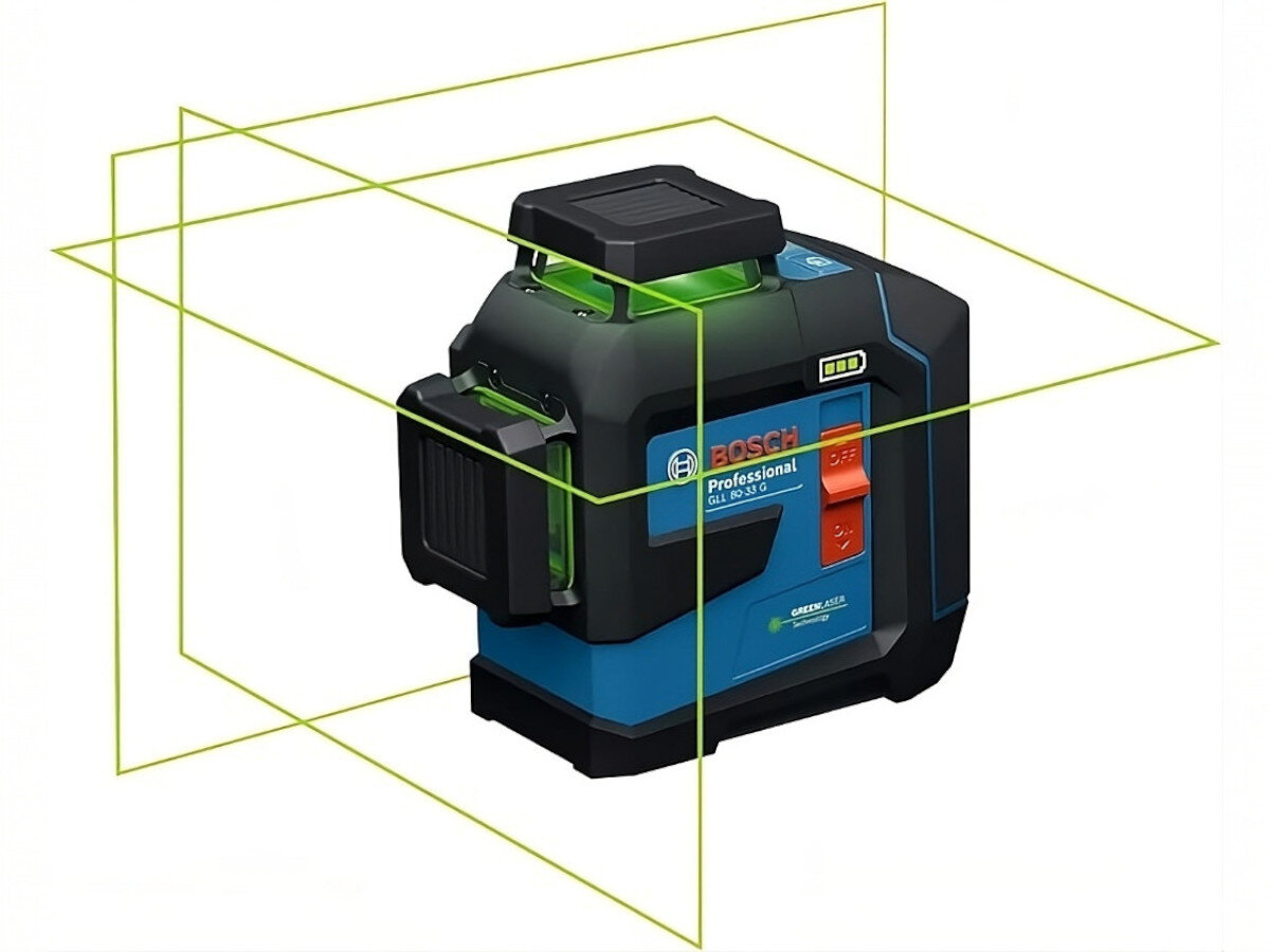 Laser liniowy BOSCH Professional GLL 80-33 G 0601065501, zielony, laser, widoczność, 360, Laser Bosch GLL 80-33 G i trzy zielone linie 360 stopni