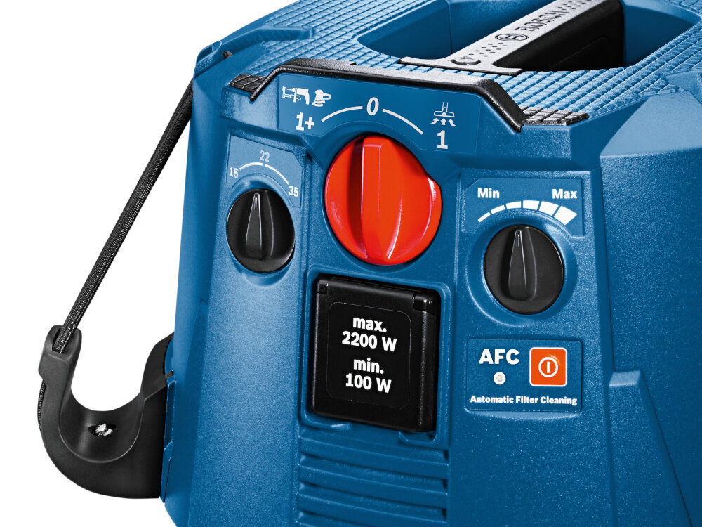Odkurzacz przemysłowy BOSCH Professional GAS 35 H AFC 06019C3600 moc nominalna 1200 W moc turbiny 1380 W do pracy na sucho i mokro przeplyw powietrza 74 l/s podcisnienie 254 mbar wbudowana funkcja konstrukcji przeplywu sygnal dzwiekowy