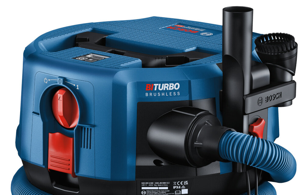 Odkurzacz przemysłowy BOSCH Professional GAS 18V-12 MC 06019K2000 silnik bezszczotkowy BITURBO wysoka moc efektywnosc przeplyw powietrza 30 l/s maksymalne podcisnienie 170 mbar dluga zywotnosc