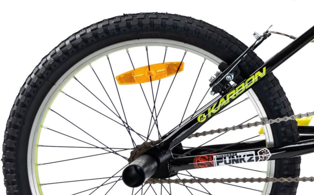 Rower dziecięcy KARBON BMX 20 cali dla chłopca Czarno-limonkowy opony typu 20 x 2.40 wytrzymale na uszkodzenia tlumia drgania gruby bieznik dobra przyczepnosc bezpieczna jazda regularne sprawdzanie ciśnienia powietrza