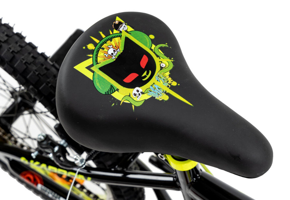 Rower dziecięcy KARBON BMX 20 cali dla chłopca Czarno-limonkowy sztyca ze stali siodelko typu BMX bardzo wygodne doskonaly komfort