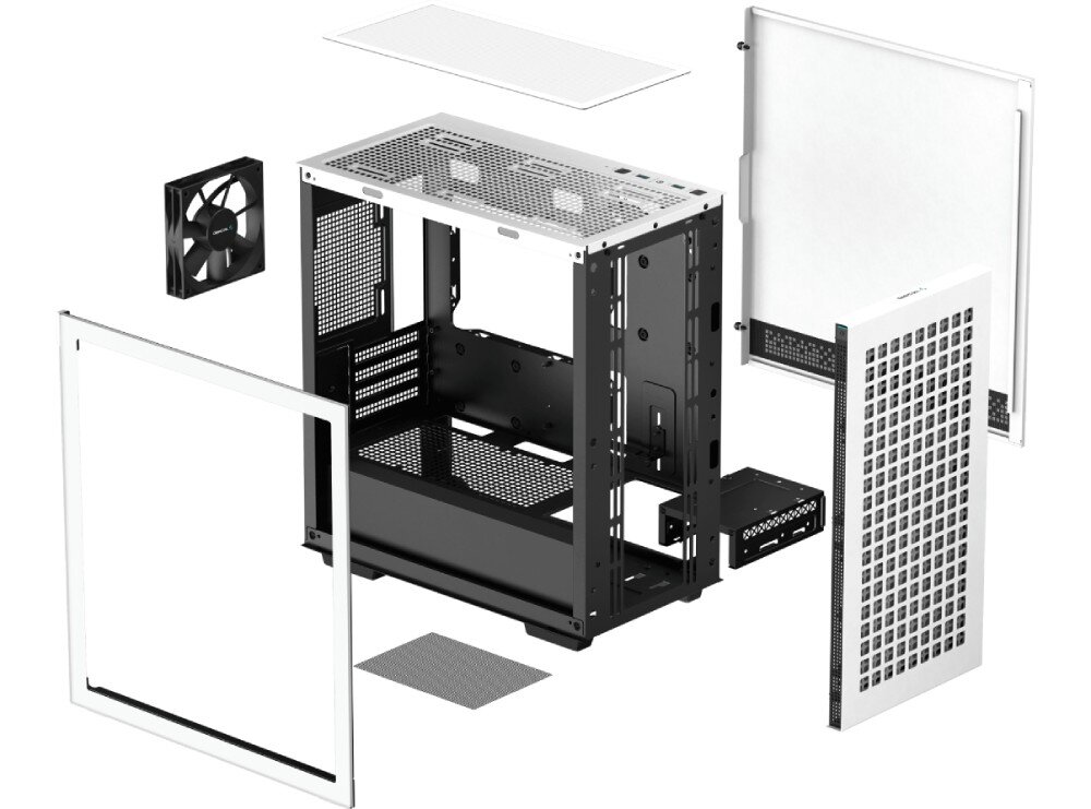 Obudowa DEEPCOOL CH370 Grafika przedstawiająca schemat konstrukcji obudowy komputerowej z rozdzielonymi elementami, takimi jak panele boczne, filtry przeciwkurzowe, ramka przednia oraz wewnętrzny stelaż