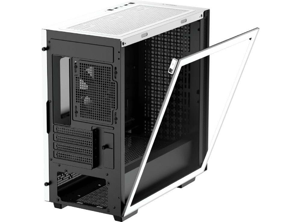Obudowa DEEPCOOL CH370 Zdjęcie obudowy z uchylonym panelem bocznym wykonanym z hartowanego szkła, ukazujące mechanizm mocowania boku oraz tył konstrukcji z miejscami na porty i zasilacz