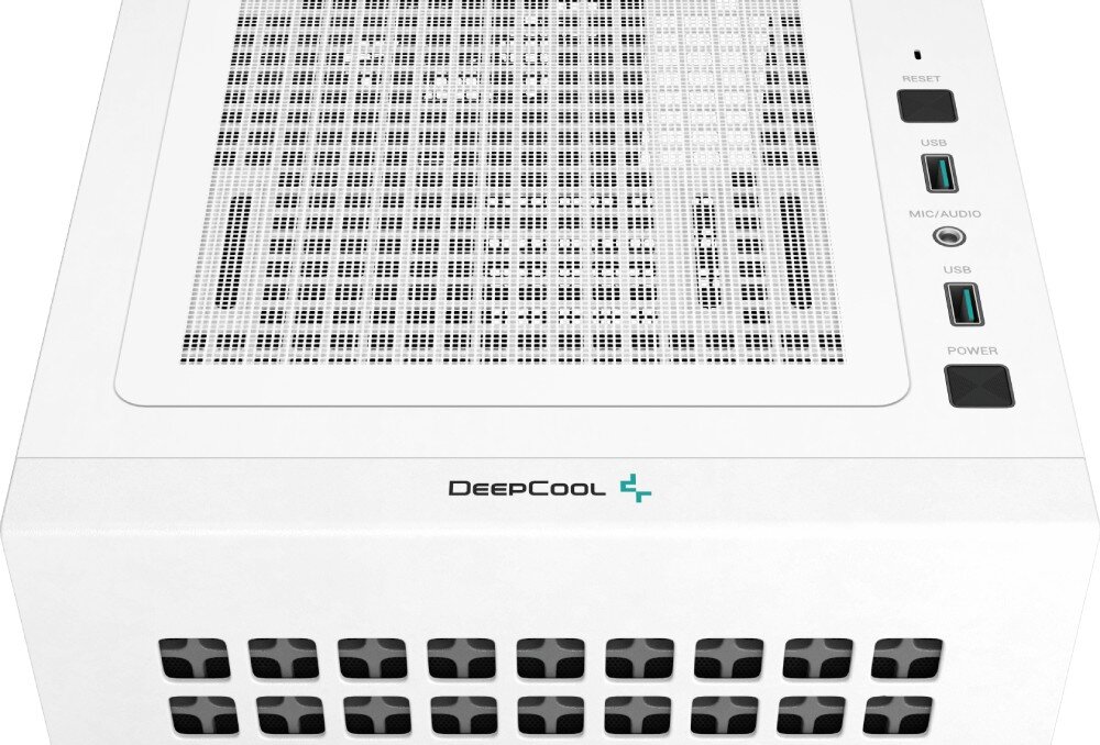 Obudowa DEEPCOOL CH370 Zbliżenie na górną krawędź obudowy, gdzie znajduje się panel sterowania z przyciskami power i reset, dwoma portami USB, gniazdem audio oraz logotypem producenta 'DeepCool'