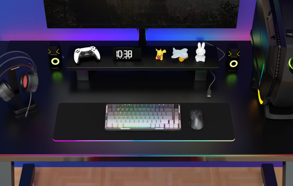 Klawiatura REDRAGON K673GG-RGB-PRO Ucal Pro stylowe podświetlenie RGB 20 predefiniowanych trybów podświetlenia, możliwość dostosowania każdego trybu pod kątem jasności i szybkości zmiany kolorów
tryb synchronizacji z muzyką klawiatura leżąca na czarnej podkładce z podświetlanymi brzegami myszka słuchawki głośniki gamepad zegar figurki