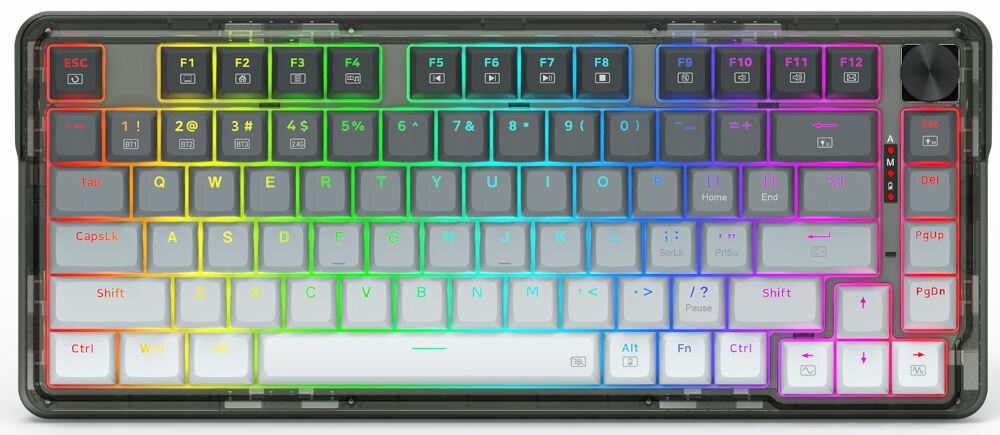Klawiatura REDRAGON K673GG-RGB-PRO Ucal Pro funkcjonalny układ w rozmiarze 75% o wymiarach ok. 37,5 x 19 x 6 cm, wyposażona w 81 klawiszy, łatwy dostęp do klawiszy strzałek, rzędu funkcyjnego oraz sekcji nawigacyjnej
dodatkowo wyposażona w pokrętło regulacji głośności produkt na białym tle