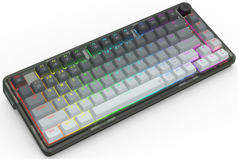 Klawiatura REDRAGON K673GG-RGB-PRO Ucal Pro dodatki dla wygody - cztery dodatkowe przełączniki, narzędzie do wyjmowania przełączników, instrukcja obsługi waga ok. 1 kg produkt na białym tle pod skosem
