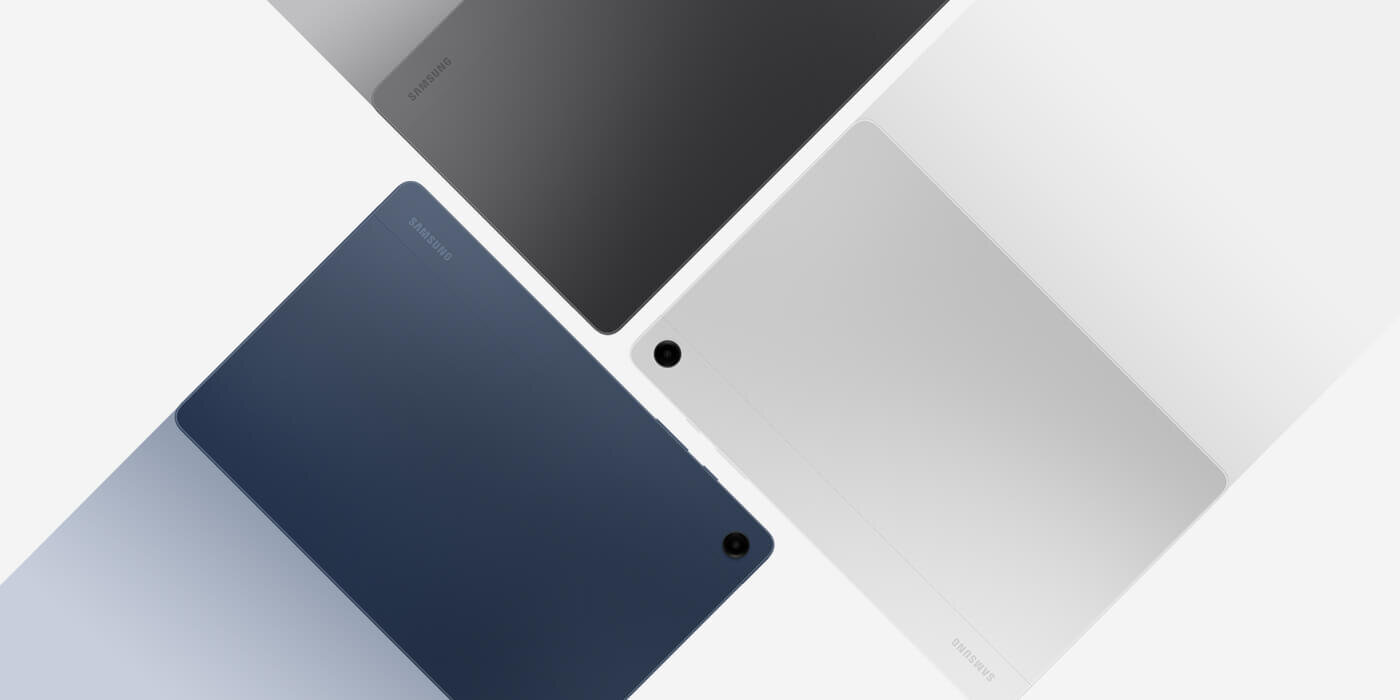 Galaxy Tab A9 Plus do wyboru w Media Expert w kolorze grafitowym, srebrnym i niebieskim są umieszczone blisko siebie, wszystkie trzy z tyłem zwróconym do przodu.