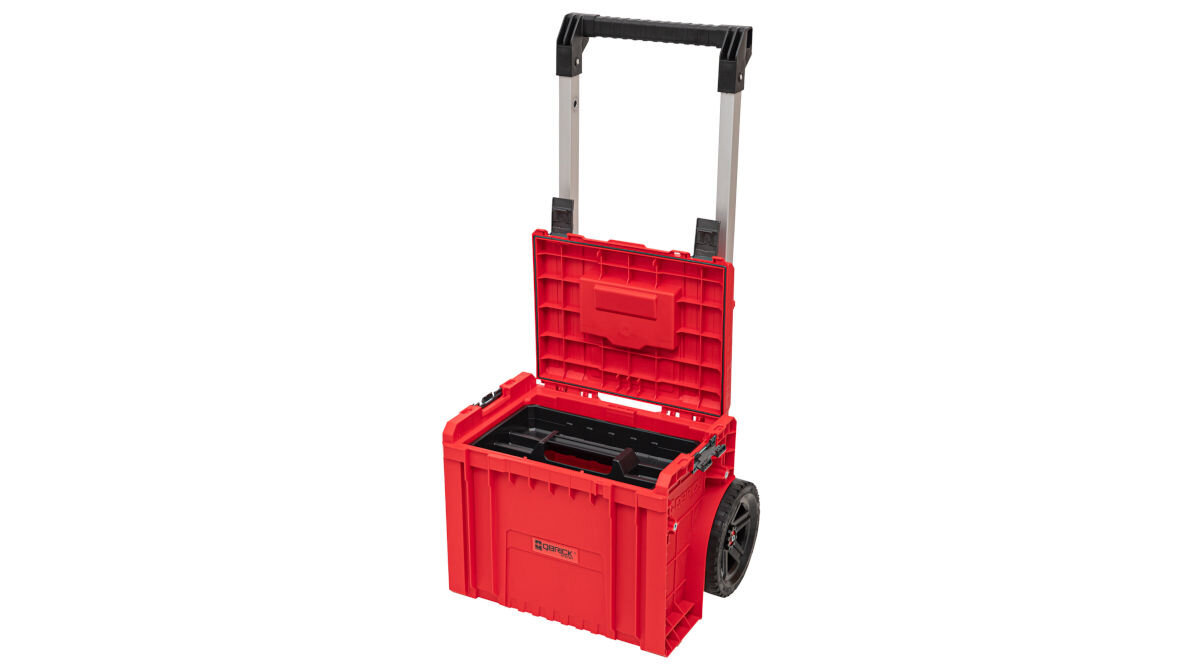Skrzynia na narzędzia QBRICK Pro Cart 2.0 Plus Red Ultra HD ergonomia wygoda podwójna teleskopowa rączka wygodny podest pod stopę