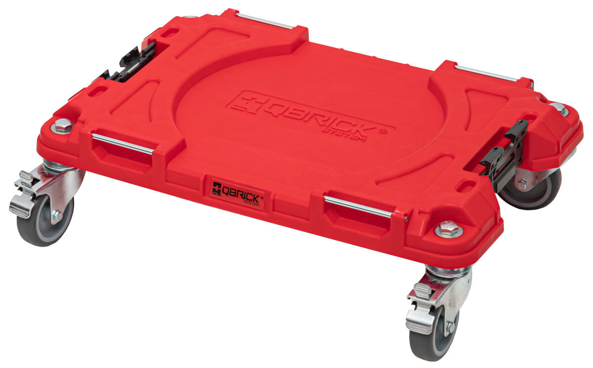 Wózek transportowy QBRICK Pro Red Ultra HD testy udarnościowe obrotowe kółka z hamulcami aluminiowe uchwyty do pasów mocujących solidna konstrukcja maksymalne obciążenie 100kg poliamidowe podwójne konektory boczne