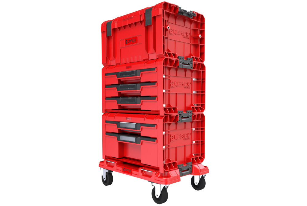 Skrzynia na narzędzia QBRICK Drawer Workshop Set 4 Pro Red Ulta HD z myślą o maksymalnym komforcie ergonomiczne uchwyty modułowa konstrukcja cztery obrotowe kółka z hamulcami