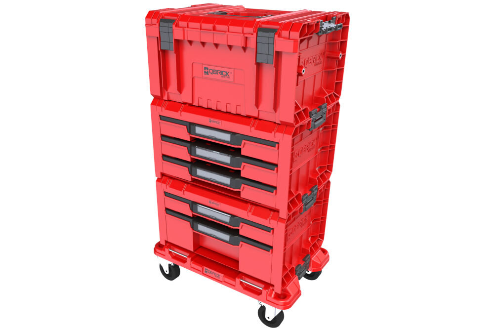 Skrzynia na narzędzia QBRICK Drawer Workshop Set 4 Pro Red Ulta HD solidne zapięcia automatyczny system blokowania szuflad przed wysuwaniem