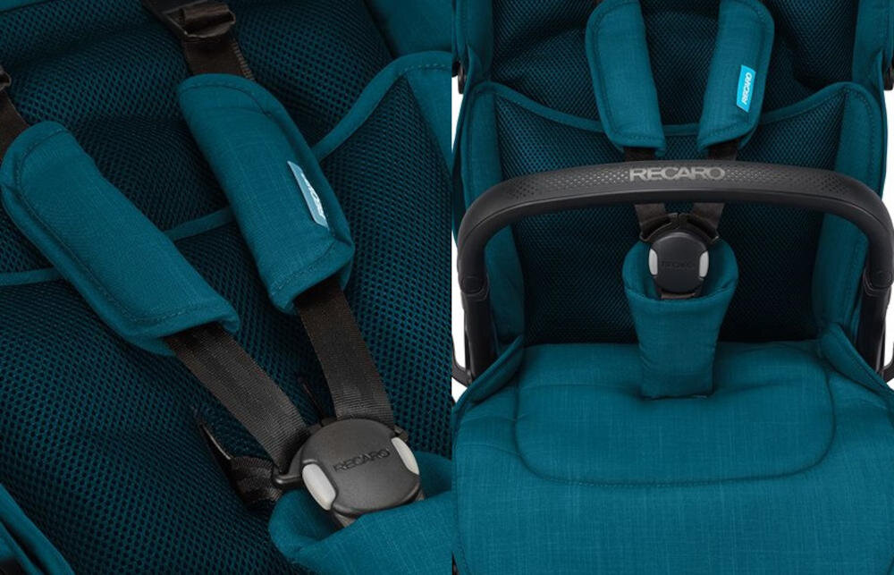 Wózek dziecięcy RECARO Sadena 2w1 Prime Frozen Blue Bezpieczeństwo dziecka 5-punktowe pasy magnetyczna klamra Miękkie osłony pasów regulowany podnóżek siateczkowe wstawki Hamulce typu flip-flop