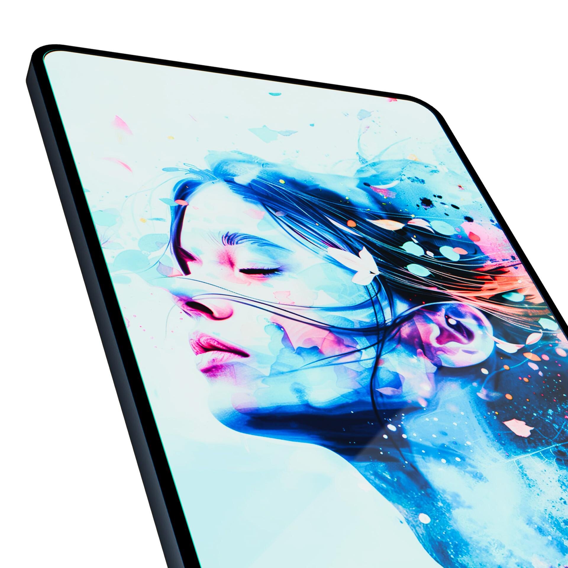 Obraz przedstawia zbliżenie na ekran tabletu z kolorową grafiką twarzy kobiety z zamkniętymi oczami, otoczoną abstrakcyjnymi wzorami w odcieniach niebieskiego i różowego. Krawędź urządzenia jest cienka i czarna.