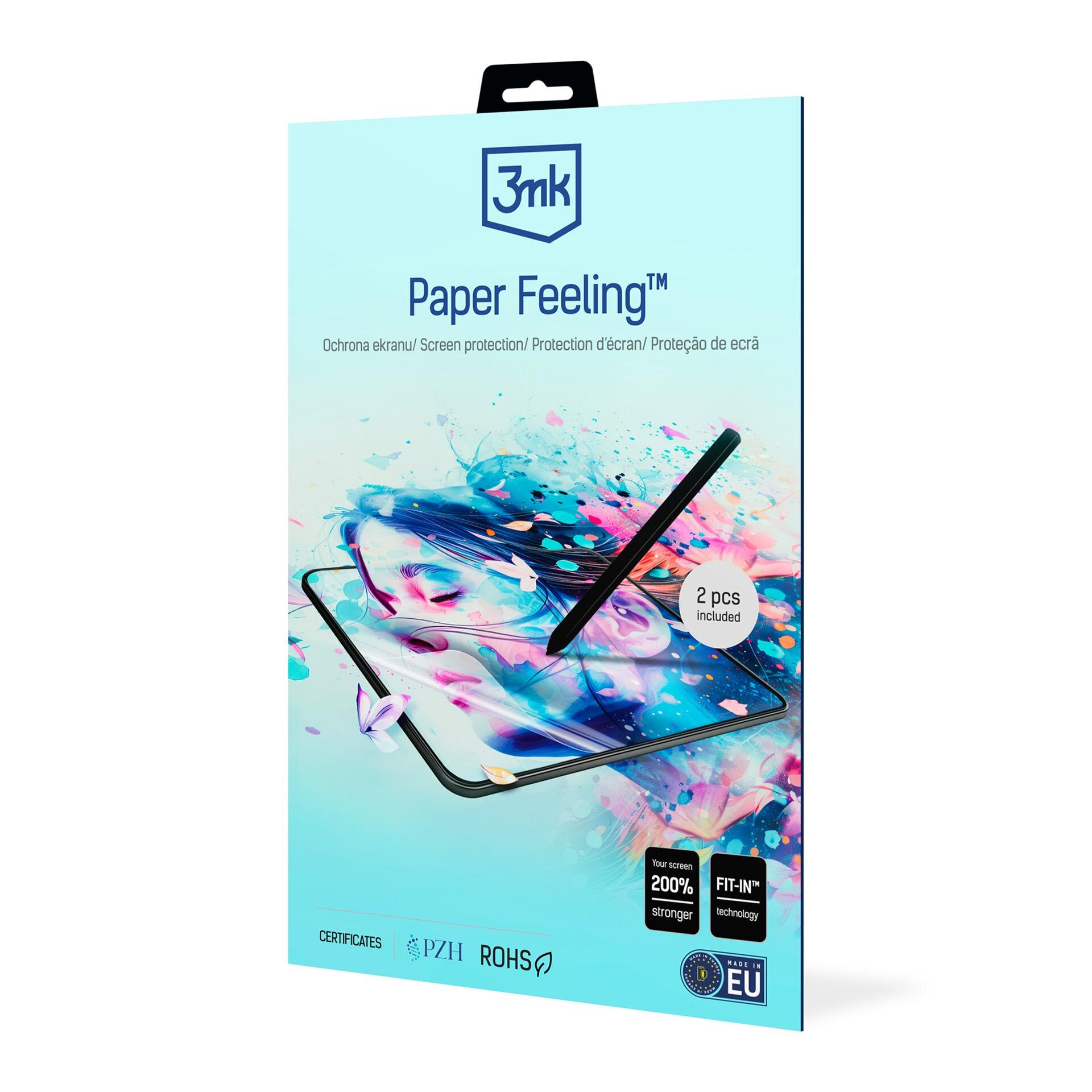 Opakowanie produktu 3mk Paper Feeling z grafiką tabletu i rysika oraz napisami: \'Ochrona ekranu/Screen protection/Protection d\'écran/Proteção de ecrã\'. Widoczne są certyfikaty PZH i ROHS oraz informacja \'2 pcs included\'.