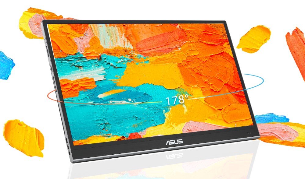 Monitor ASUS ZenScreen MQ16AHE Przenośny monitor z obrazem abstrakcyjnego malowidła w odcieniach pomarańczowym, niebieskim i żółtym, z zaznaczonym kątem widzenia 178°, wyświetlacz, przekątna, rozdzielczość, kąty widzenia, jasność