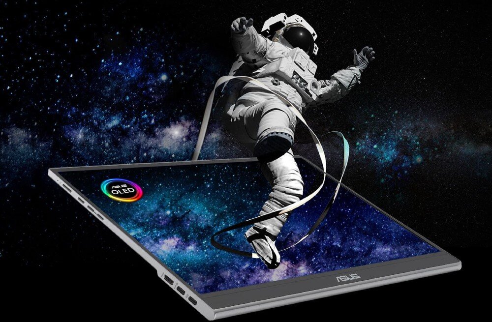 Monitor ASUS ZenScreen MQ16AHE Grafika przedstawiająca astronautę wychodzącego z ekranu przenośnego monitora na tle kosmosu, kontrast, czerń