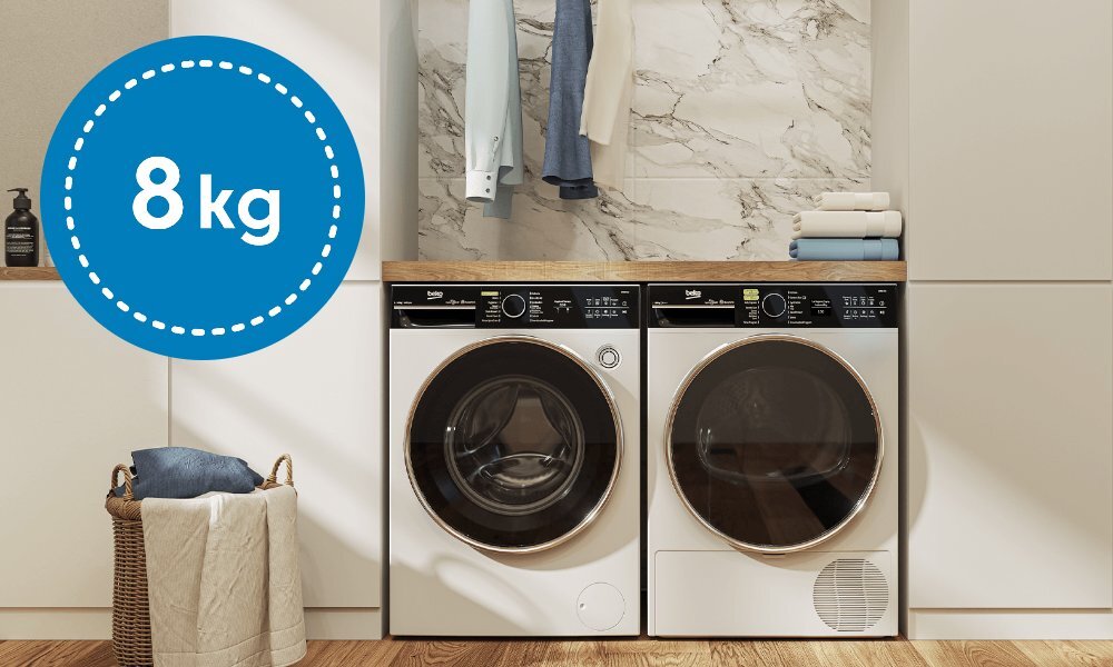 SUSZARKA BEKO XBM3T68239W wizualizacja dwa urządzenia pralka suszarka kosz na pranie ikona z pojemnością niebieska 8 kg infografika Dopasowana do Twoich potrzeb pojemność oszczędność czasu energii równomierne suszenie