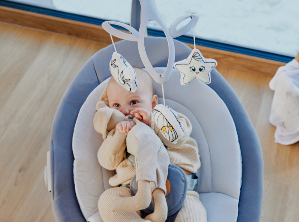 Bujaczek LIONELO Mell Szary Demontowany regulowany pałąk z zabawkami system automatycznego wykrywania ruchu kołysanie muzyka ruchy dziecko