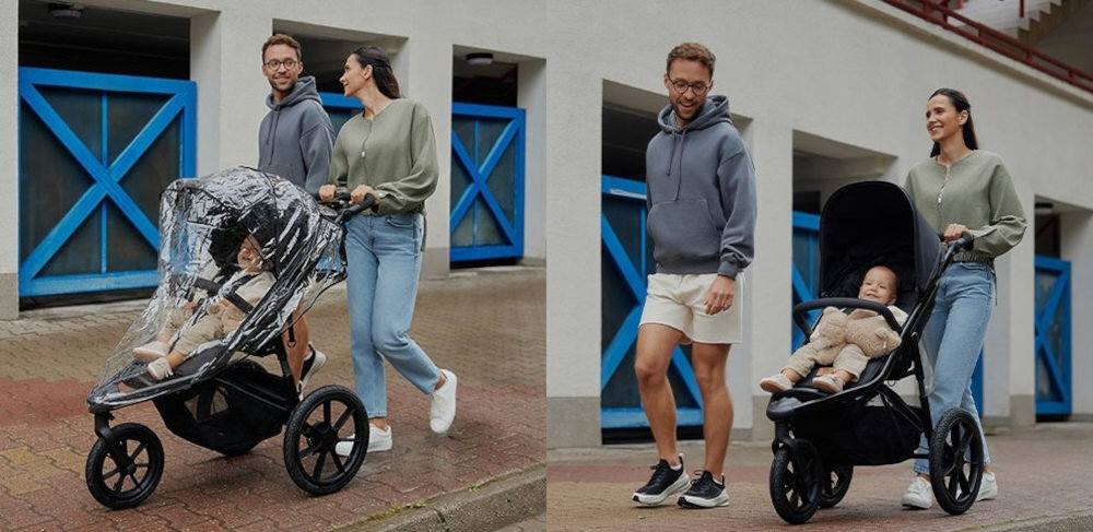 Wózek dziecięcy LIONELO Azura Czarno-szary Duże pompowane koła rozmiar wymiar teren Funkcja obrotu 360° blokada omijanie przeszkody