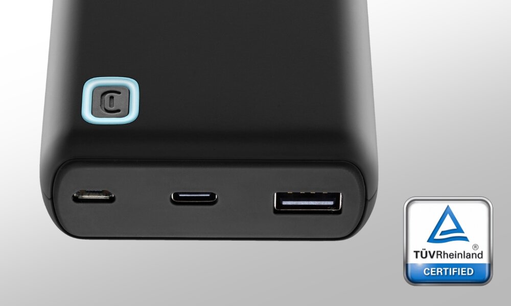 Powerbank CELLULARLINE ESSENCE certyfikat TUV rygorystyczne testy Zintegrowane zabezpieczenia przeładowaniem, przegrzaniem oraz zwarciem