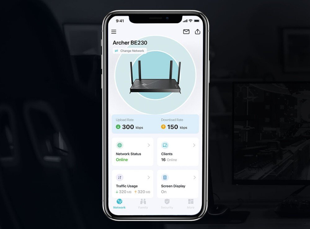 Router TP-LINK Archer BE230 Ekran smartfona z otwartą aplikacją do zarządzania routerem. Widoczne są podstawowe informacje o sieci, aplikacja, funkcje, narzędzia