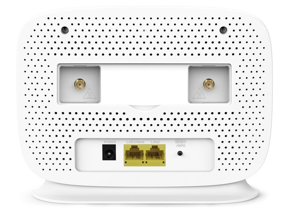 Router TP-LINK TL-MR105 Tył białego routera z widocznymi perforacjami wentylacyjnymi, miejscami na anteny, portami LAN, złączem zasilania i przyciskiem reset/WPS, tryby pracy, działanie, złącza Ethernet