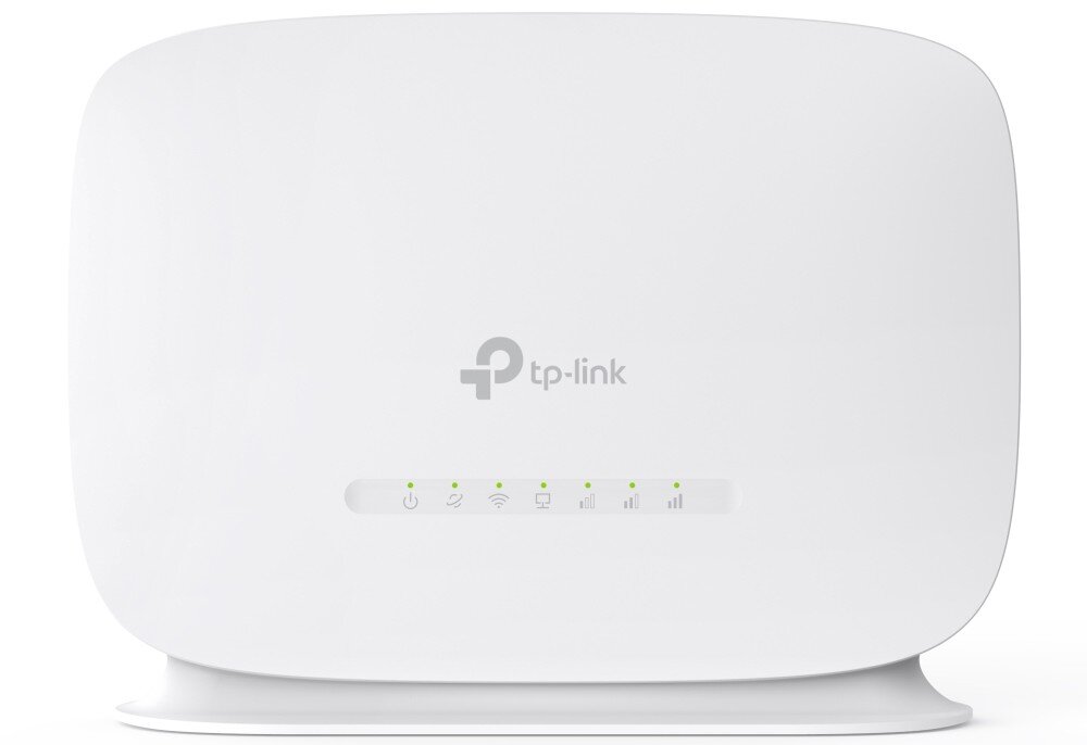 Router TP-LINK TL-MR105 Przód białego routera TP-Link z podświetlonymi diodami LED, ustawiony na białym tle, konfiguracja, aplikacja