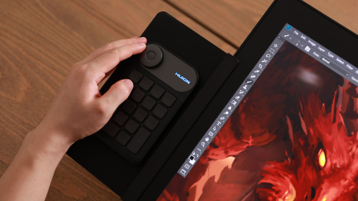 Tablet graficzny 27 HUION Kamvas Pro 27 4K zewnętrzna klawiatura Keydial mini (k20) możliwość zaprogramowania 18 przycisków kółka Dial