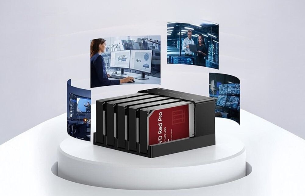 ORICO 6558US3-C-EU-BK1 5 kieszeni na dyski SATA 2,5 oraz 3,5 różne typy nośników pojemności do 18 TB na każdą zatokę 90 TB przestrzeni - urządzenie na białym kręgu, wokół zdjęcia z danych