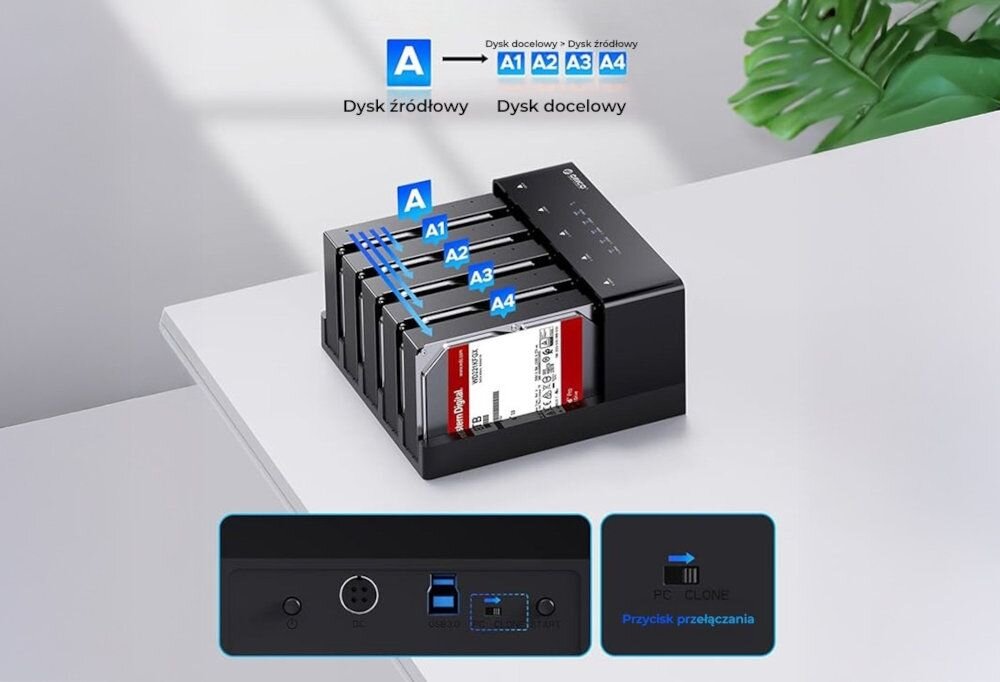 ORICO 6558US3-C-EU-BK1 Funkcja klonowania offline 1:4 kopiowanie danych pomiędzy dyskami bez udziału komputera migracji nośników, sytuacjach awaryjnych oraz seryjnym przygotowywaniu dysków do pracy - stacja na blacie, zbliżenie na panel i przycisk