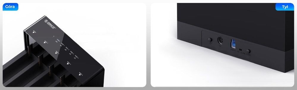 ORICO 6558US3-C-EU-BK1 Solidna konstrukcja wytrzymałych materiałów inżynieryjnych Plug & Play USB-B 3.0 USB-A/USB-B 5 Gb/s 1 m obsługa do 90 TB - zbliżenie na panel u góry i z tyłu na złącza