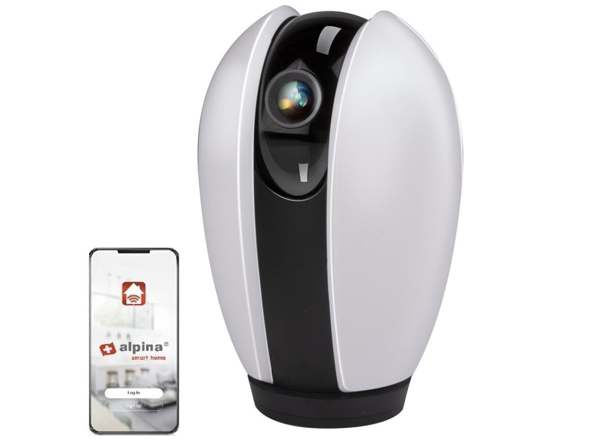 Kamera ALPINA 6466 Wewnętrzna, Wi-Fi, obraz, jakość, HD, jasność, na białym tle kamera pionowo frontem prawo skos wraz ze smartfonem z aplikacją alpina smart home