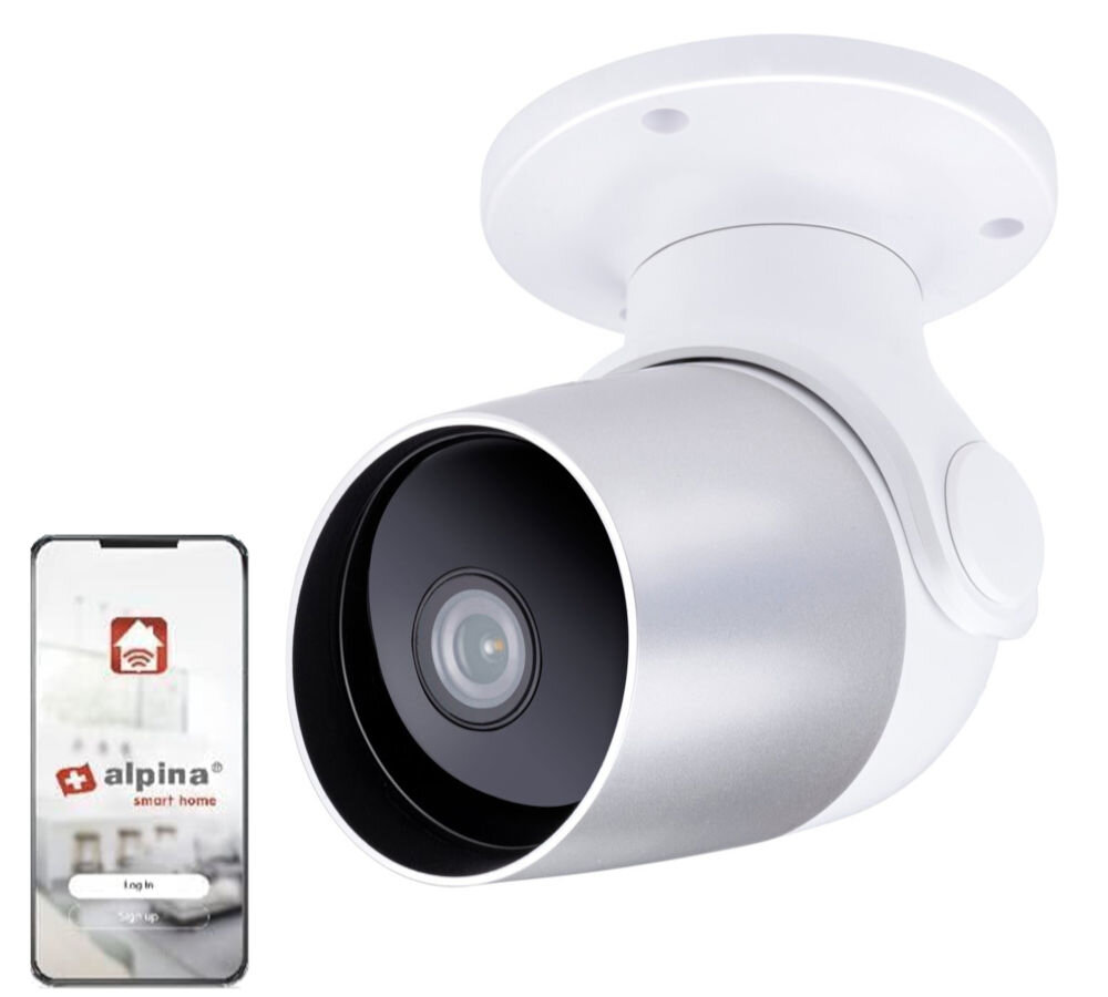Kamera ALPINA 6467 Zewnętrzna, Wi-Fi, jakość, obraz, full hs, kąt, obiektyw, na białym tle kamera wraz z smartfonem i aplikacją