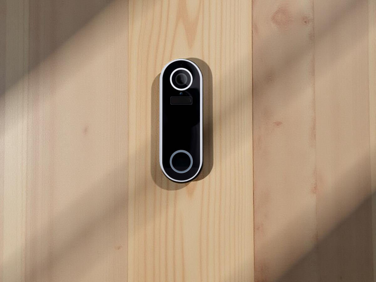 Wideodomofon ALPINA 6556 Bezprzewodowy Wi-Fi, aplikacja, full hs, obraz, identyfikowanie, na drewninaym tle wideodomofon frontem na wprost